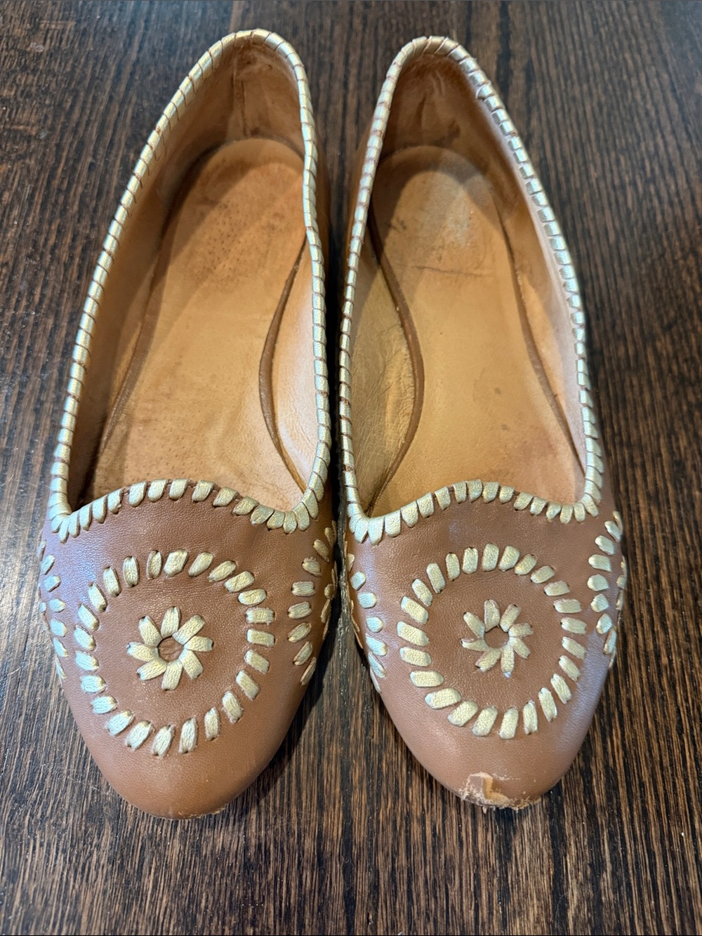 Jack Rogers Brown Gold Leather Women's Embroidered Ballet Flats